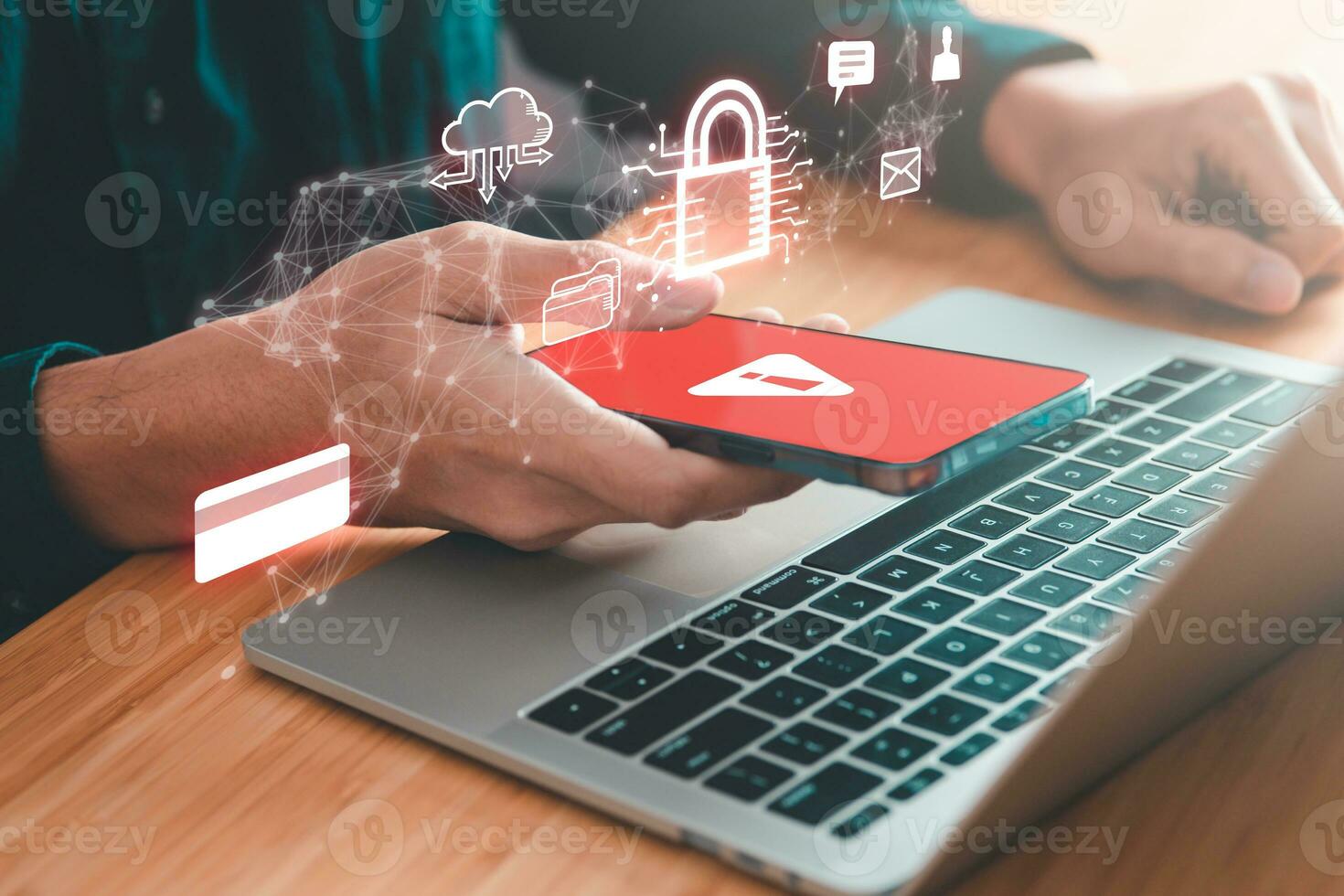 Data Security system concept, Business man use laptop with security icon screen, innovation technology, cloud computing, internet network communication photo