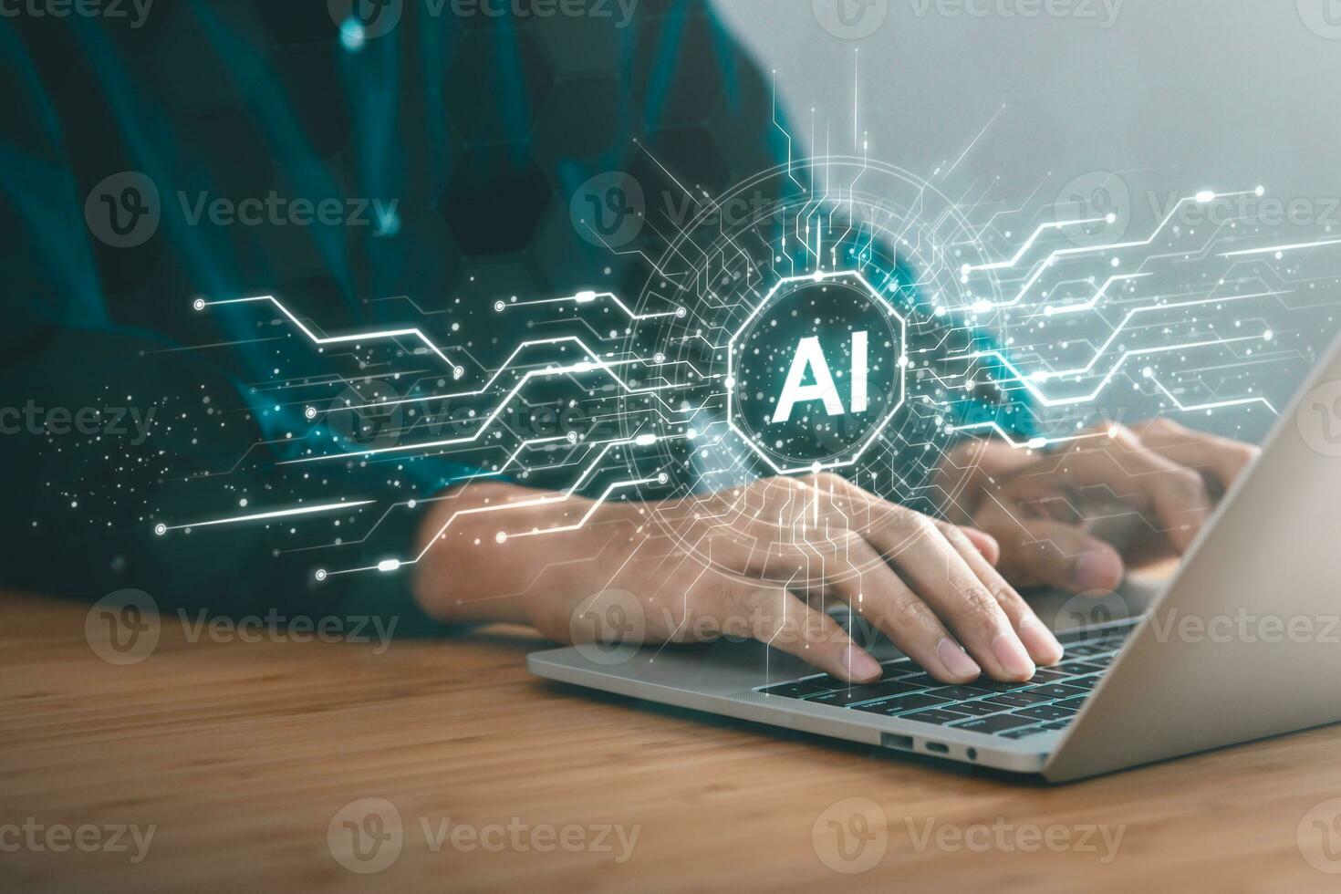 Digital information technology concept. Businessman touching artificial intelligence icon. Chatbot and AI concept. photo
