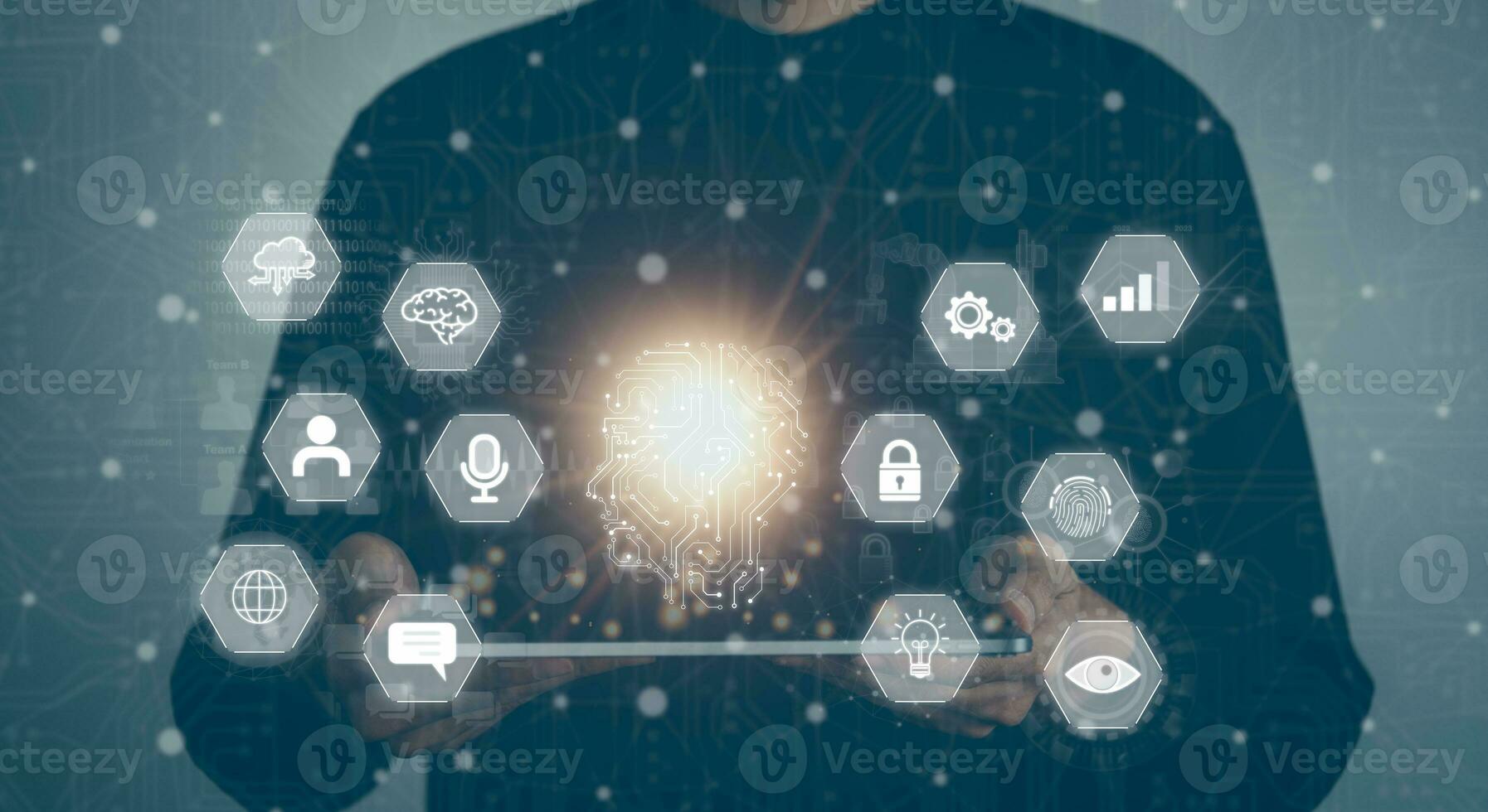 AI icon artificial intelligence above the mobile phone. Machine learning concept, big data, science, innovation technology, cloud computing, futuristic, internet network communication photo