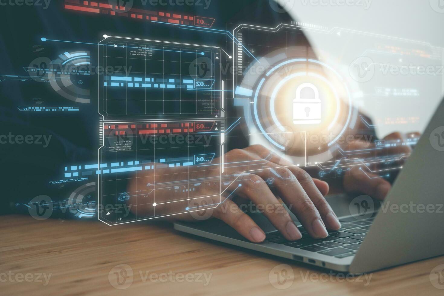 Data Security system concept, Business man use laptop with security icon screen, innovation technology, cloud computing, internet network communication photo