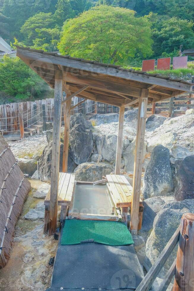 Foot bath hot spring onsen, Myoban Jigoku, straw huts produce sulfur-based bath salts photo