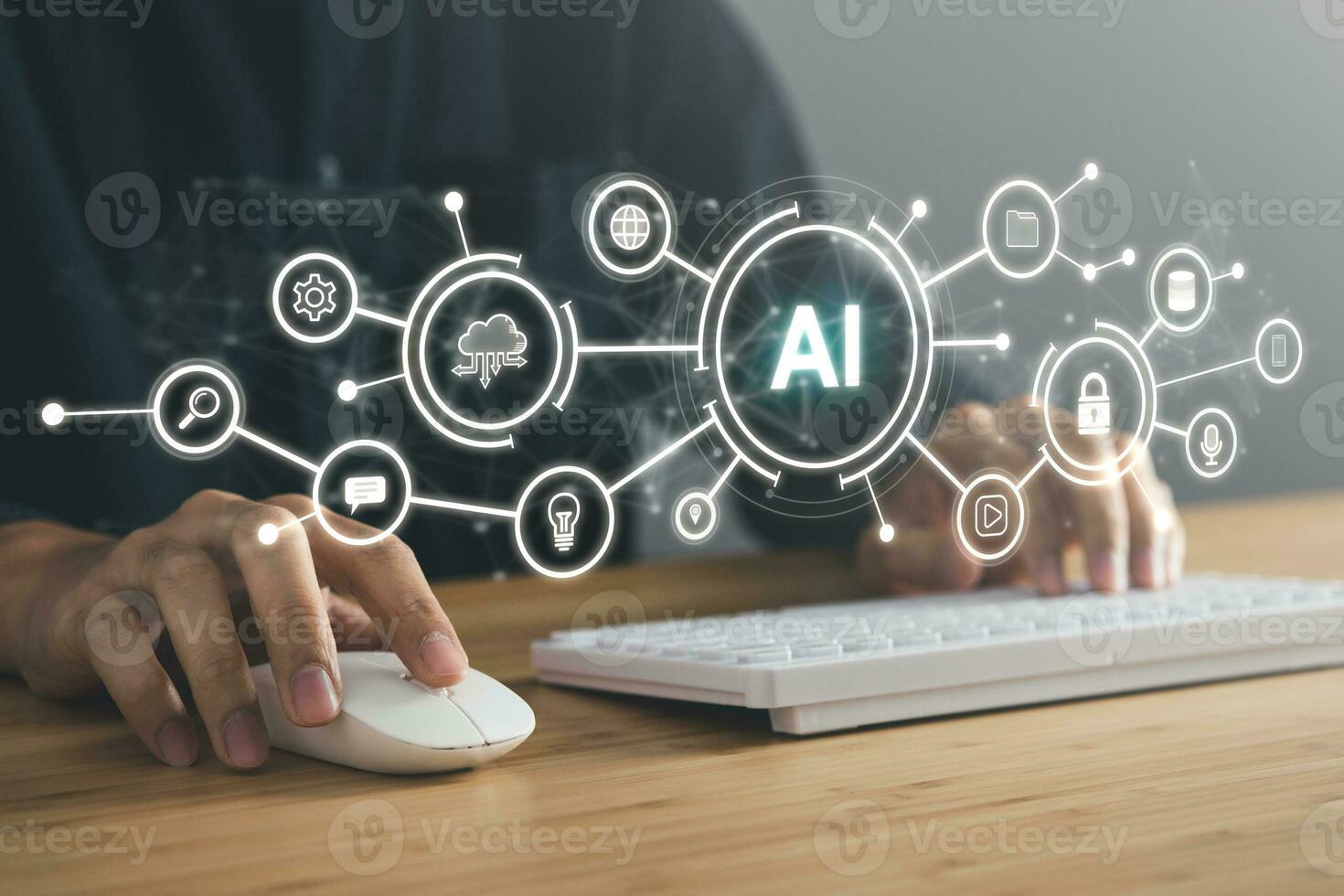 Digital information technology concept. Businessman touching artificial intelligence icon. Chatbot and AI concept. photo