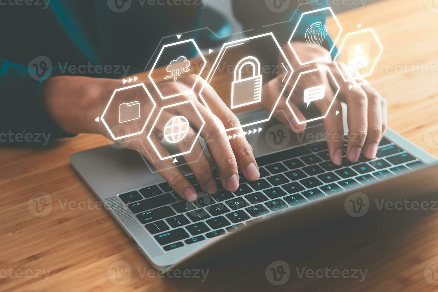Data Security system concept, Business man use laptop with security icon screen, innovation technology, cloud computing, internet network communication photo
