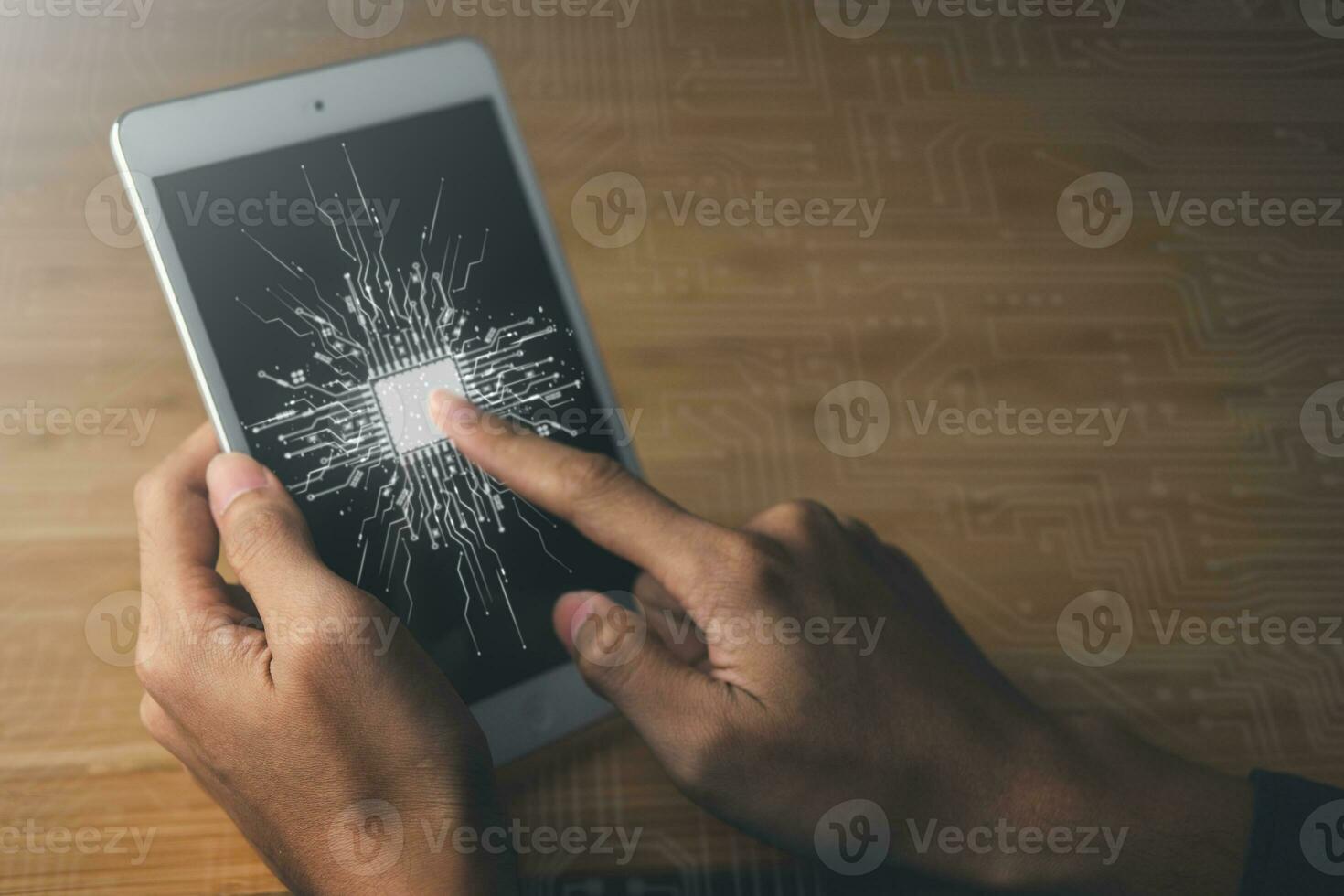 Digital information technology concept. Businessman and artificial intelligence icon on the screen. Chatbot and AI concept. photo