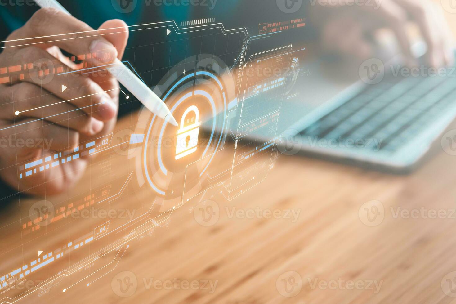 Data Security system concept, Business man is logging into system and  security icon on screen, innovation technology, cloud computing, internet network communication photo