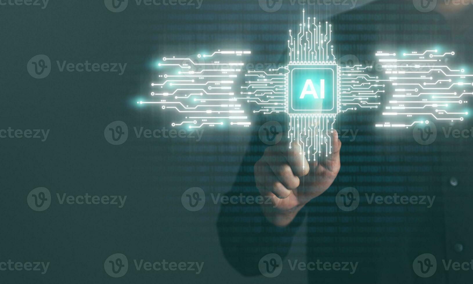 Digital information technology concept. Businessman touching artificial intelligence icon. Chatbot and AI concept. photo