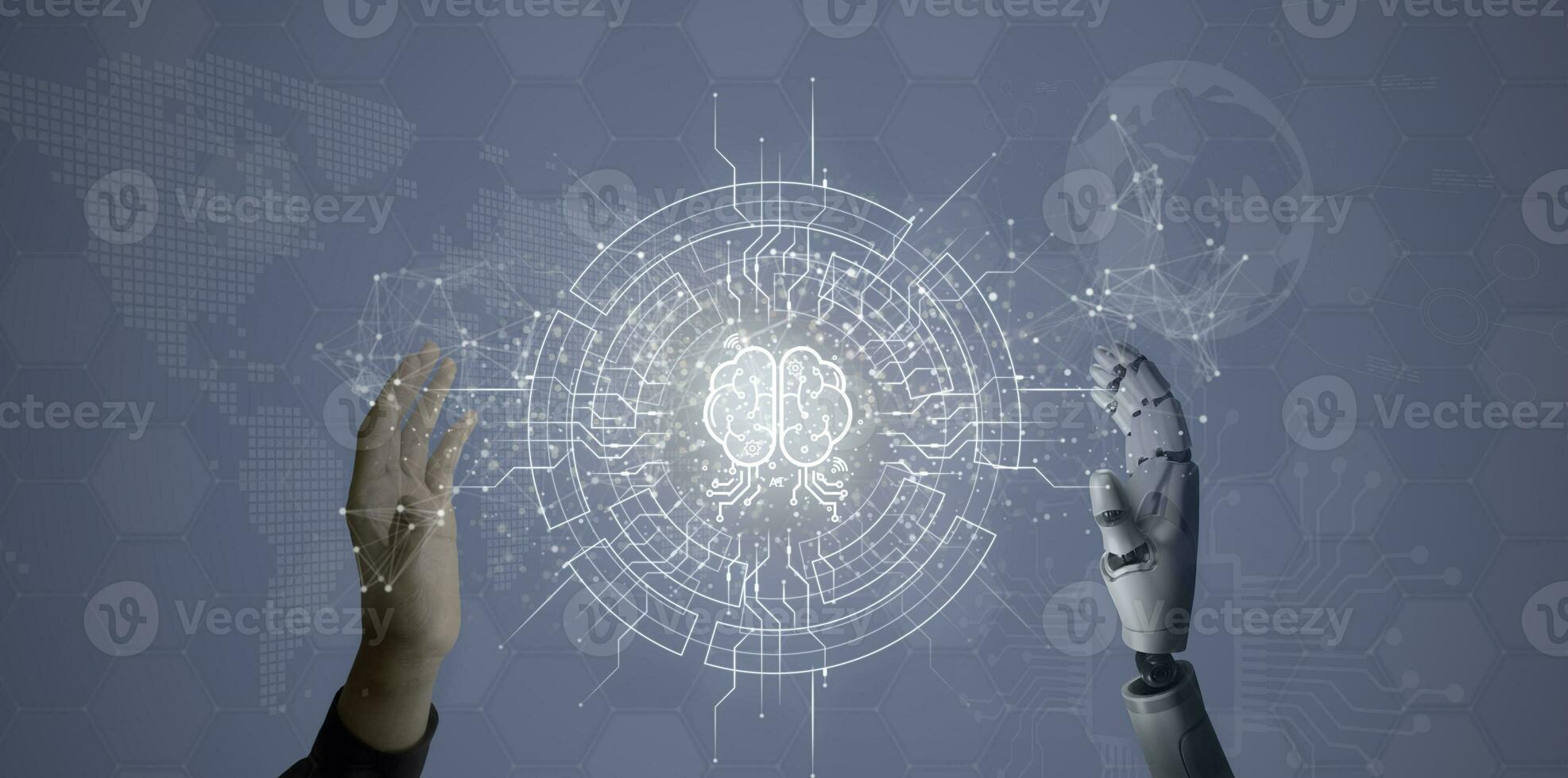 Digital information technology concept. Businessman and artificial intelligence icon on the screen. Chatbot and AI concept. photo