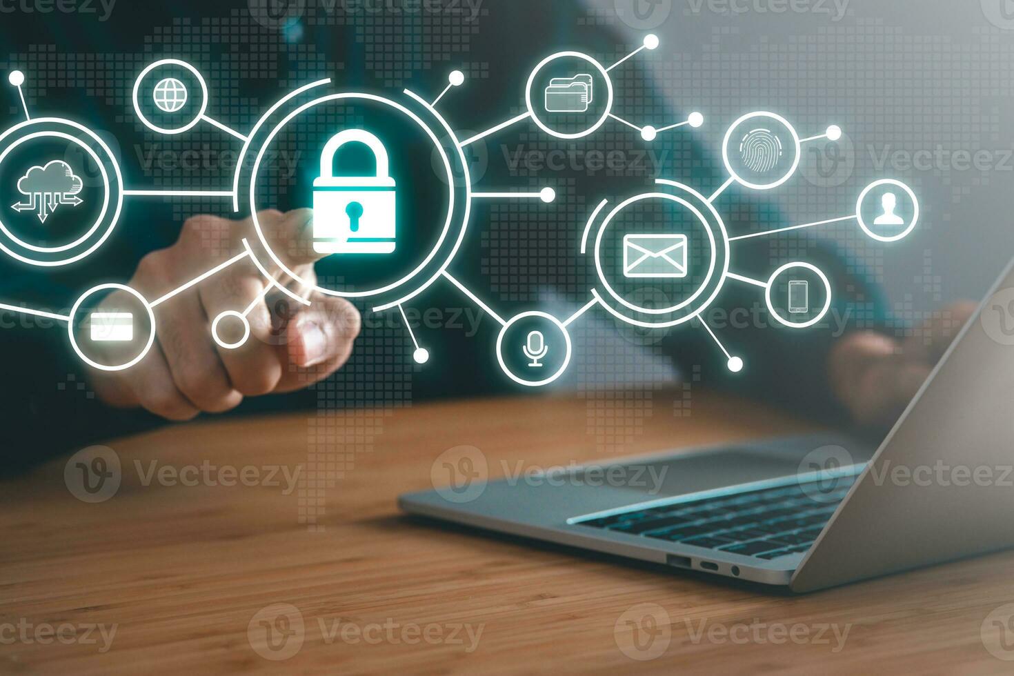 Data Security system concept, Business man use laptop with security icon screen, innovation technology, cloud computing, internet network communication photo