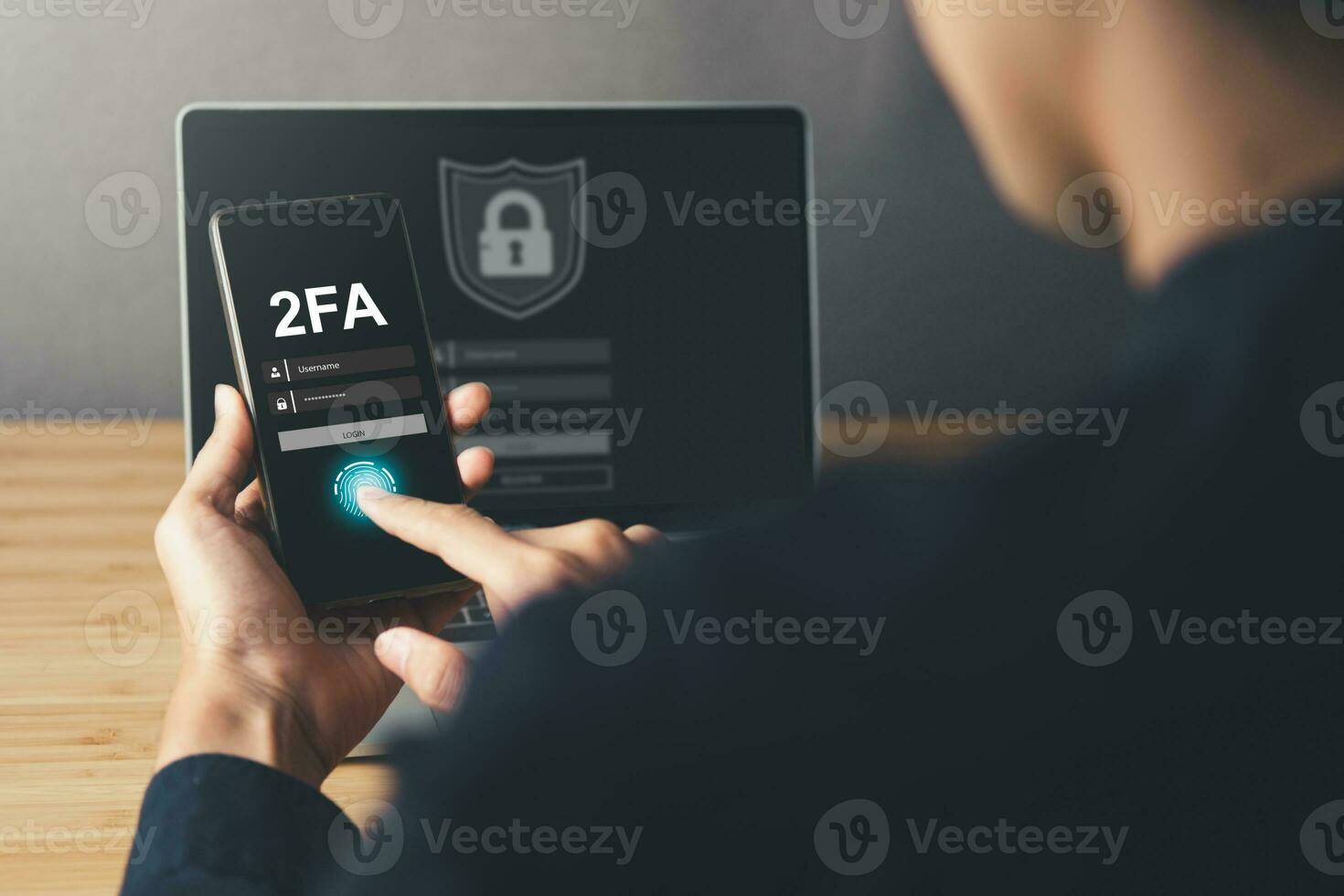 Data Security system concept, Business man use mobile phone with security icon and 2FA screen, innovation technology, cloud computing, internet network communication photo