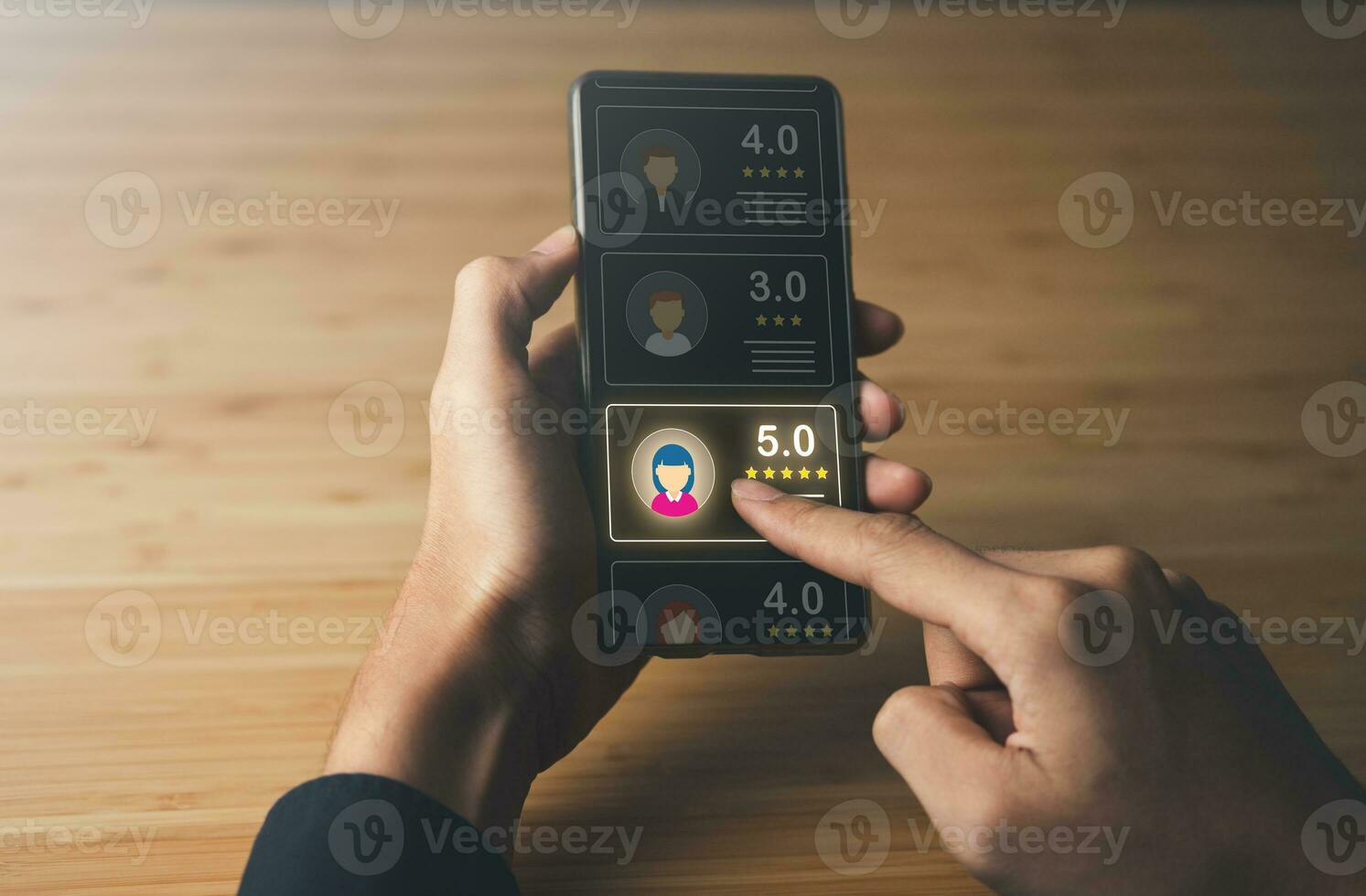 Business man point five stars survey rating icon for customer satisfaction scores. customer satisfaction concept. photo