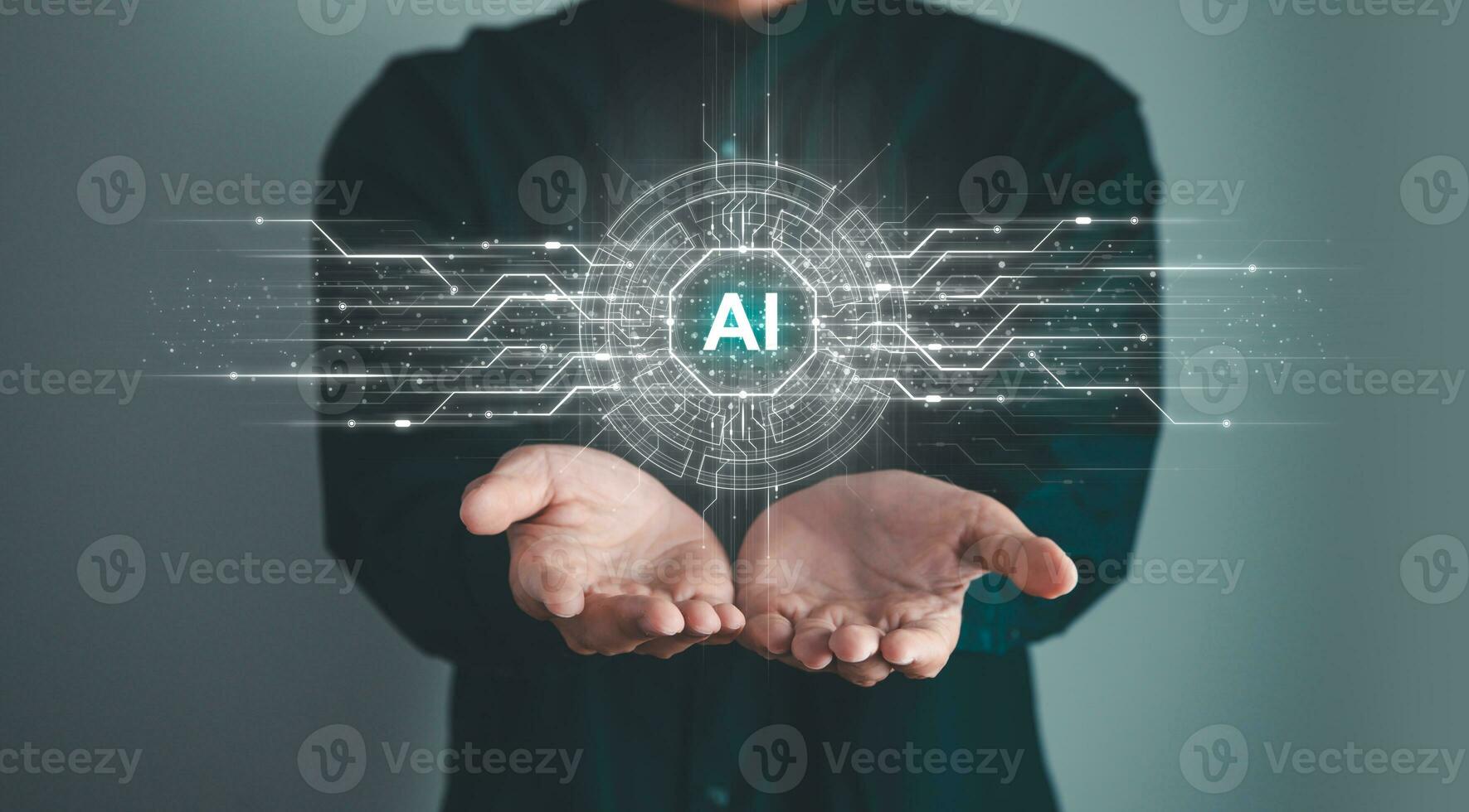 Digital information technology concept. Businessman and artificial intelligence icon on the screen. Chatbot and AI concept. photo