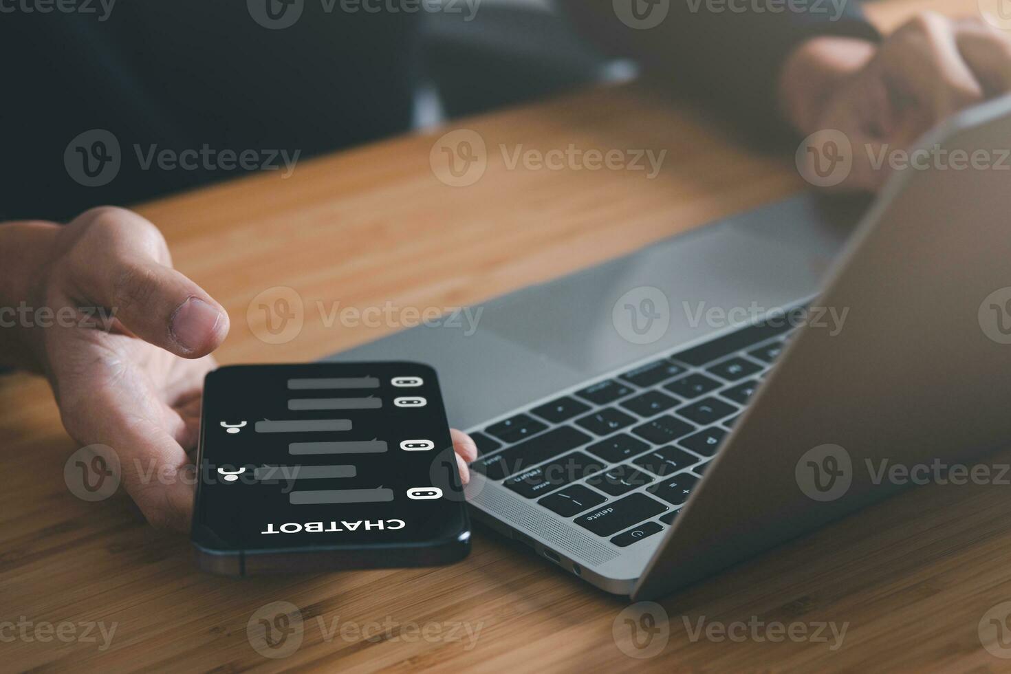 Digital information technology concept. Businessman touching artificial intelligence icon. Chatbot and AI concept. photo