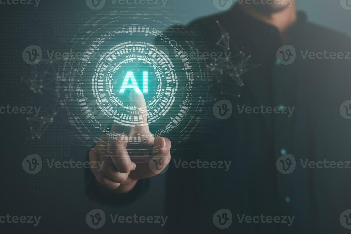 Digital information technology concept. Businessman touching artificial intelligence icon. Chatbot and AI concept. photo