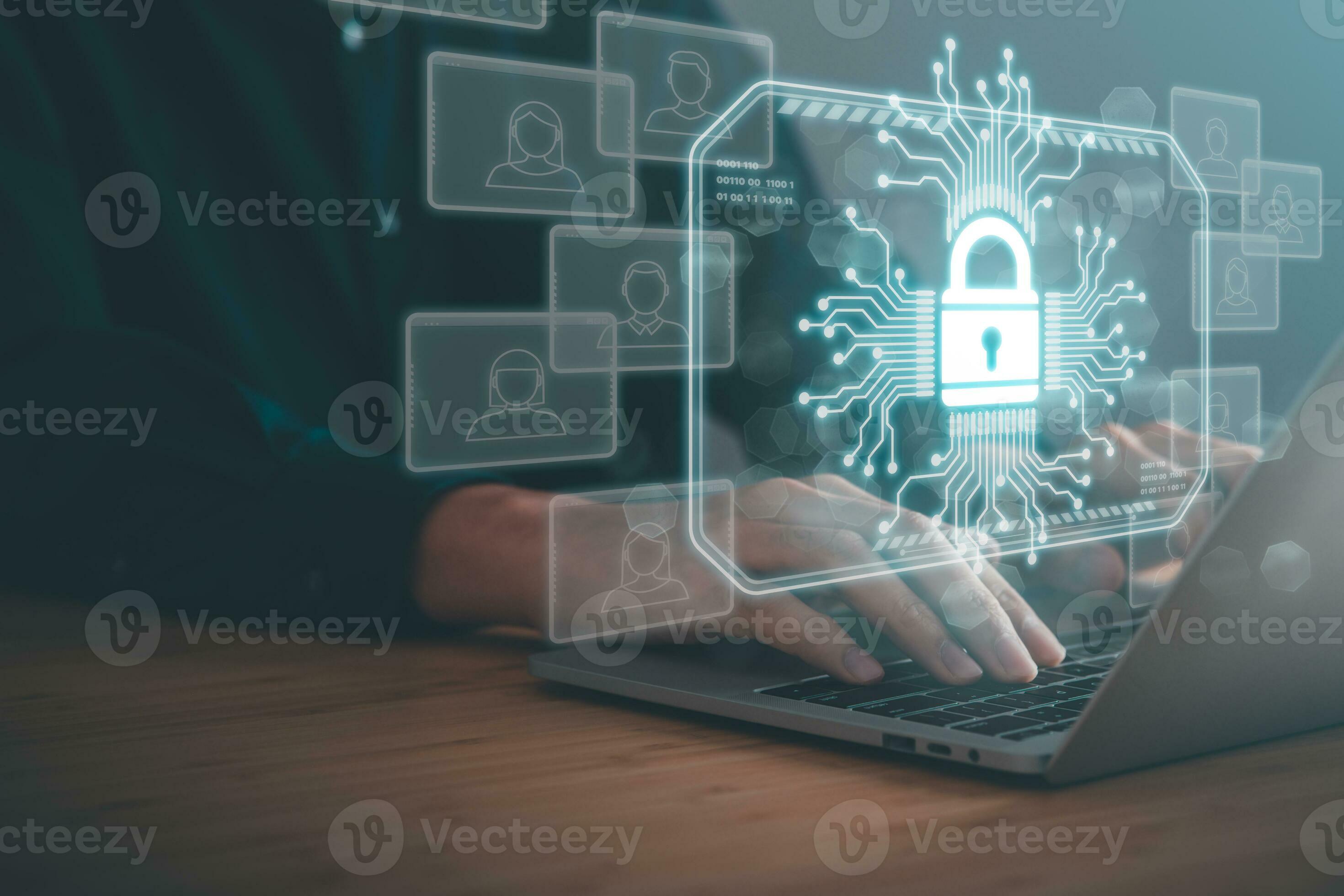 Data Security system concept, Business man use laptop with security ...