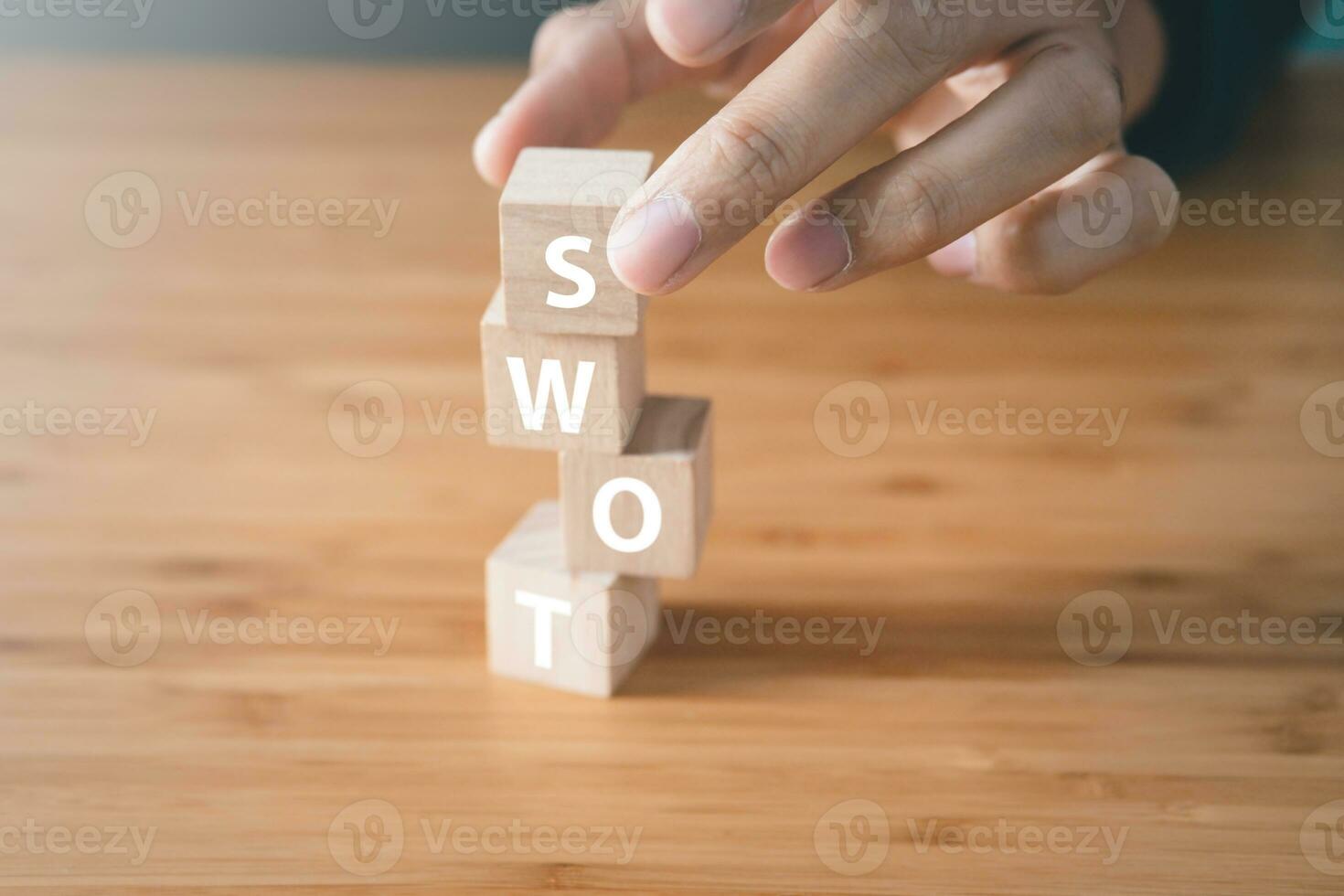 Wooden block of SWOT analysisl. Strengths, Weaknesses, Opportunities, and Threats. Business strategy  tool concept. photo