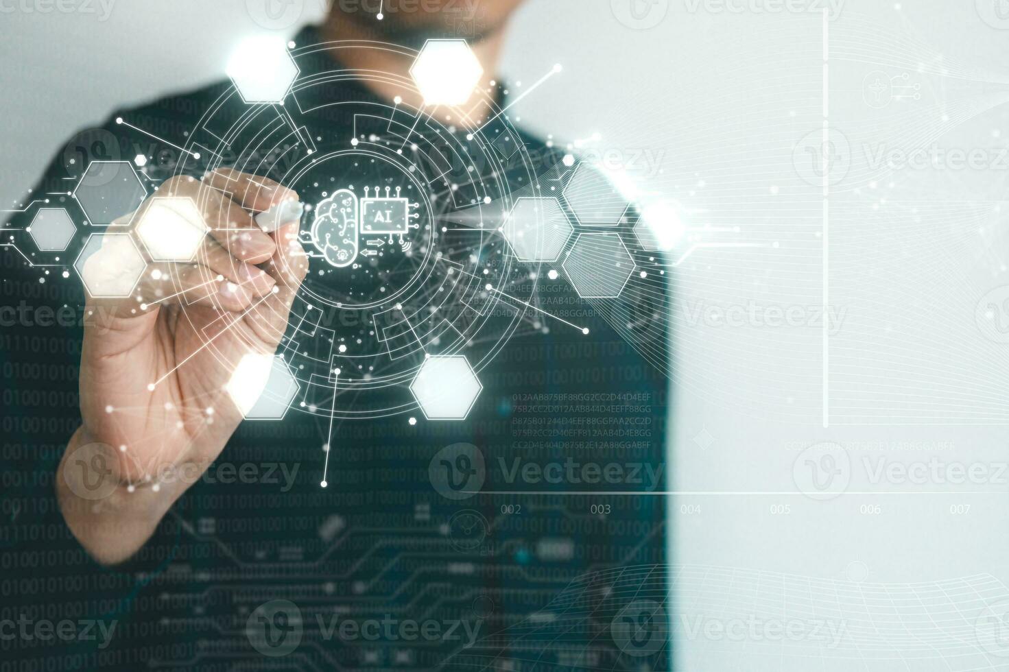 Digital information technology concept. Businessman and artificial intelligence icon on the screen. Chatbot and AI concept. photo