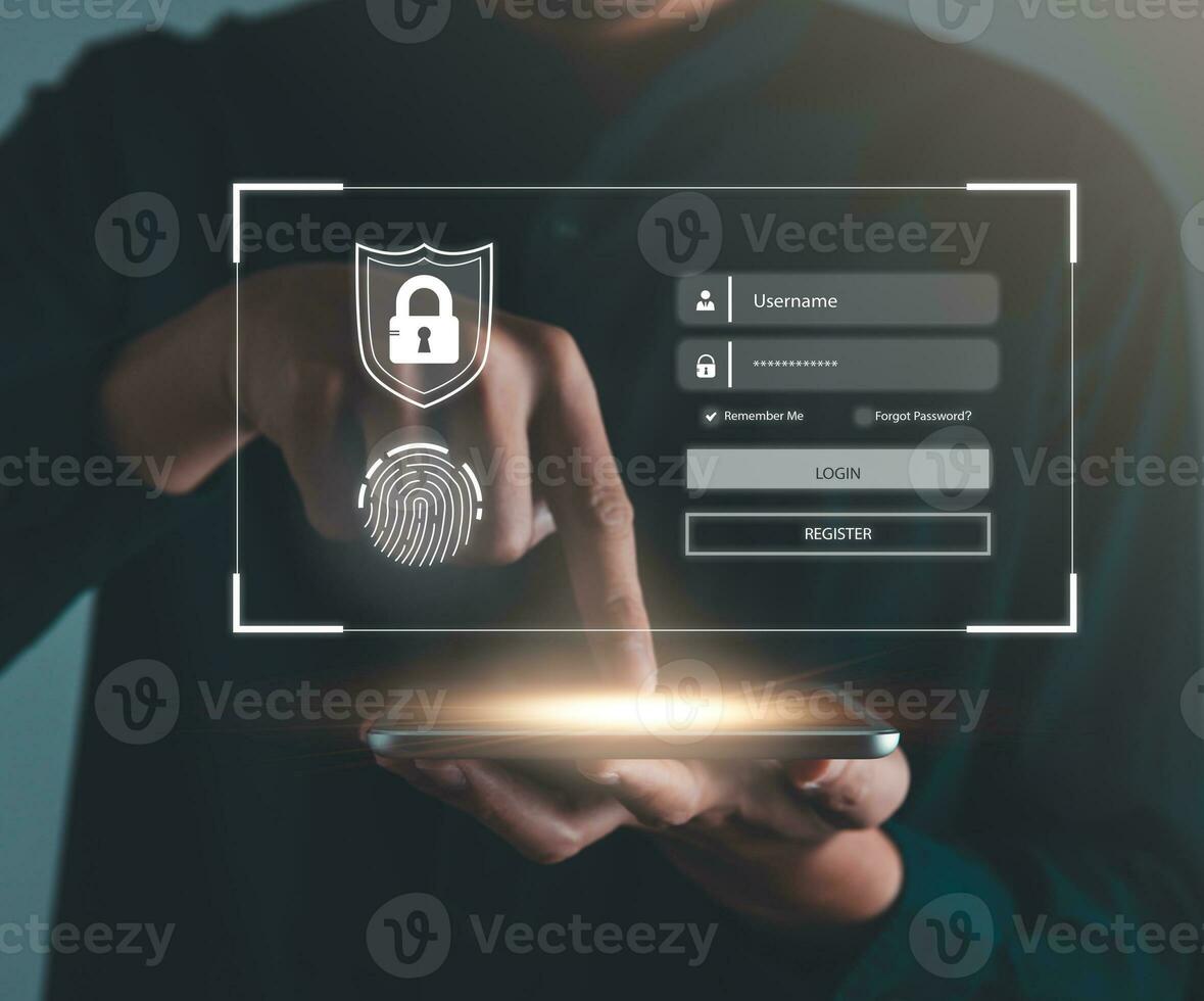 Data Security system concept, Business man is logging into system and  security icon on screen, innovation technology, cloud computing, internet network communication photo