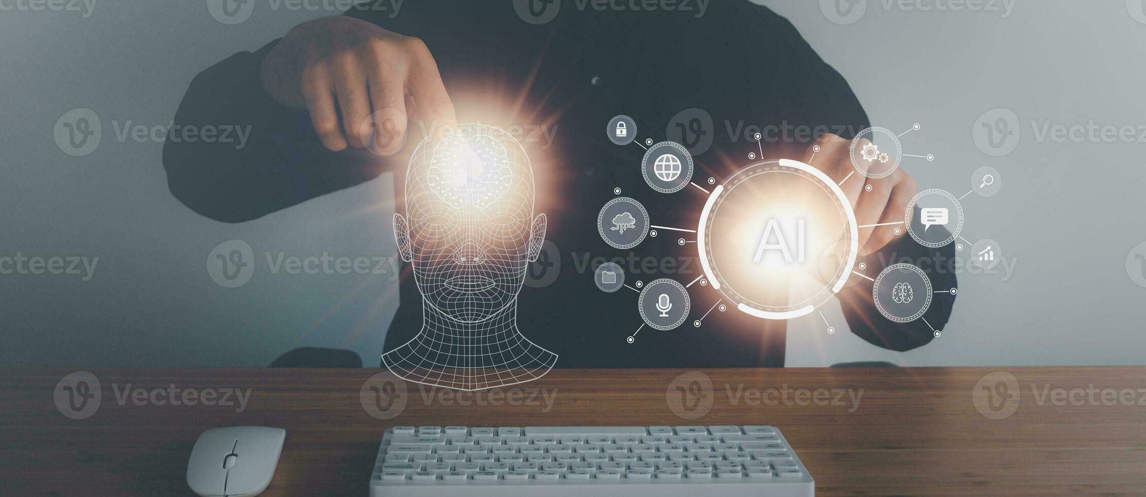 Business man holding digital screen of AI icon artificial intelligence. Machine learning concept, big data, science, innovation technology, cloud computing, futuristic, internet network communication photo