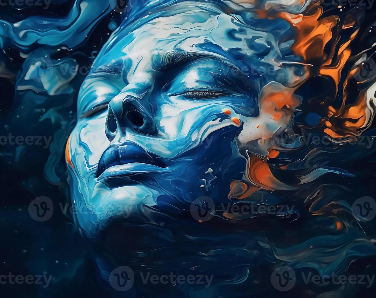 art of a lady with colorful liquid paint on her face, distorted and fractured, light black and navy photo