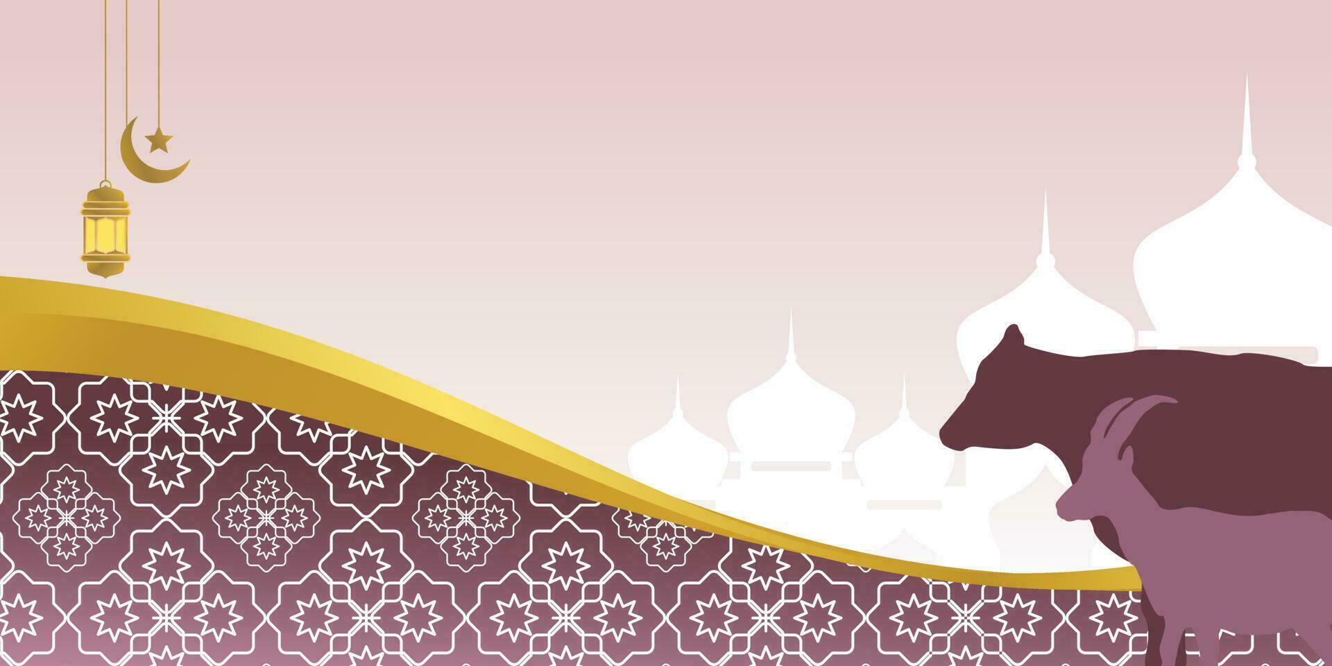 Islamic background for Eid al-Adha, with mosque, mandala, cow and goat icons. Banner template with empty space for text. qurban day vector illustration