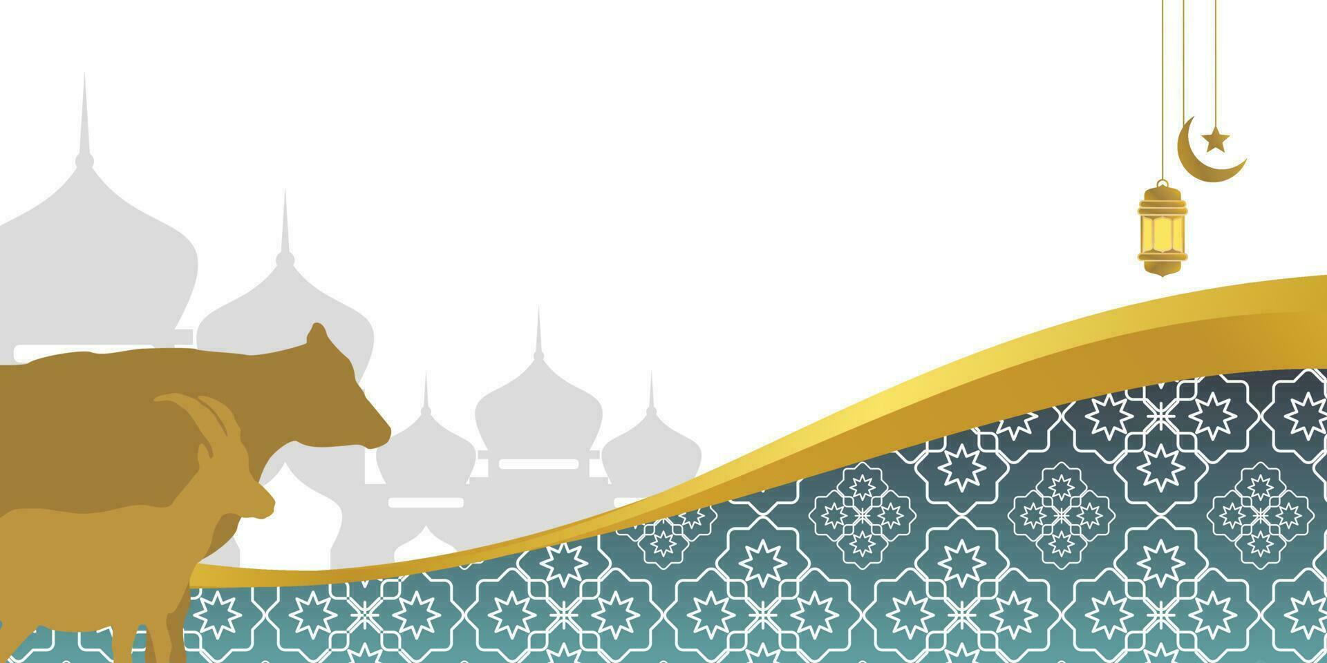 Islamic background for Eid al-Adha, with mosque, mandala, cow and goat icons. Banner template with empty space for text. qurban day vector illustration