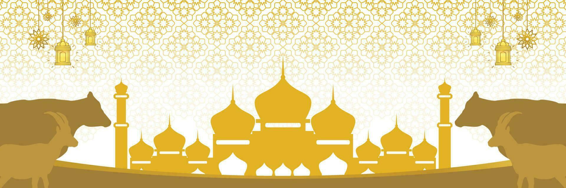 Islamic background for Eid al-Adha, with mosque, mandala, cow and goat icons. Banner template with empty space for text. qurban day vector illustration