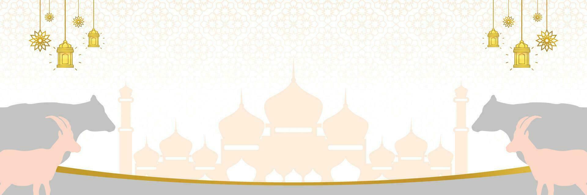 Islamic background for Eid al-Adha, with mosque, mandala, cow and goat icons. Banner template with empty space for text. qurban day vector illustration