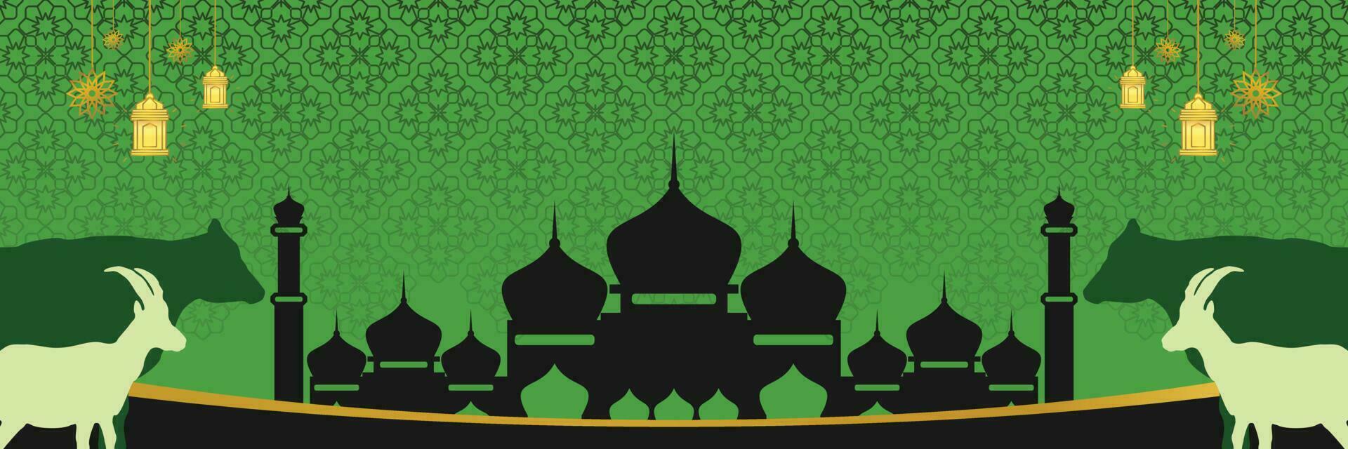 Islamic background for Eid al-Adha, with mosque, mandala, cow and goat icons. Banner template with empty space for text. qurban day vector illustration