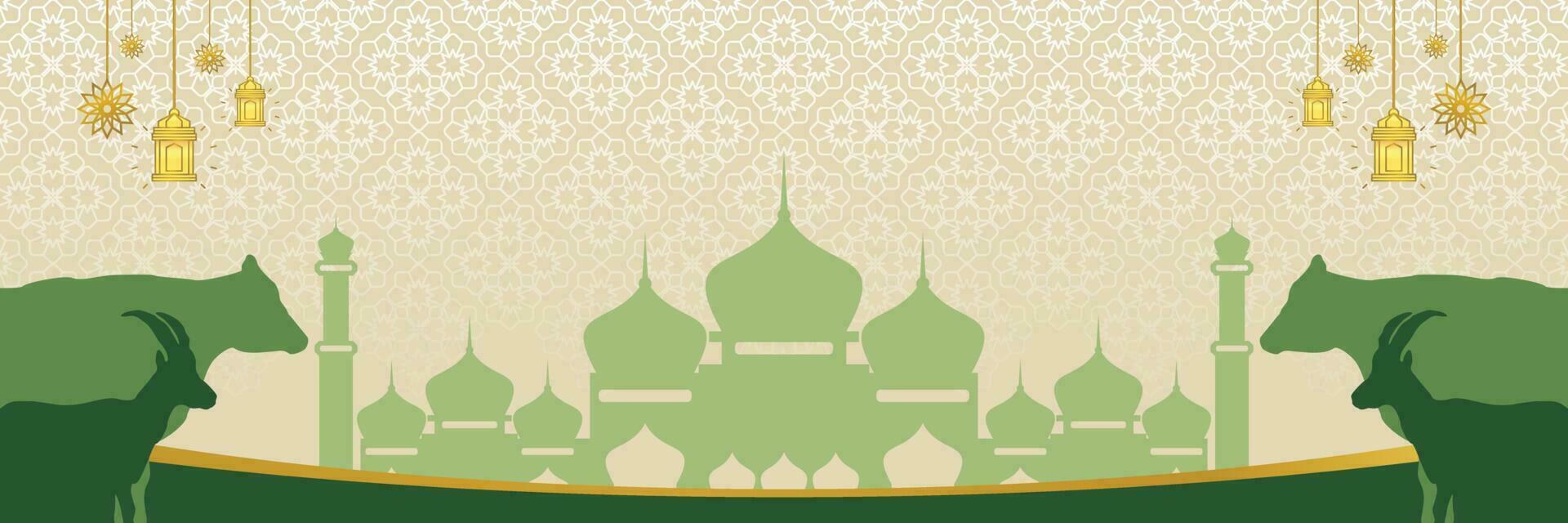 Islamic background for Eid al-Adha, with mosque, mandala, cow and goat icons. Banner template with empty space for text. qurban day vector illustration