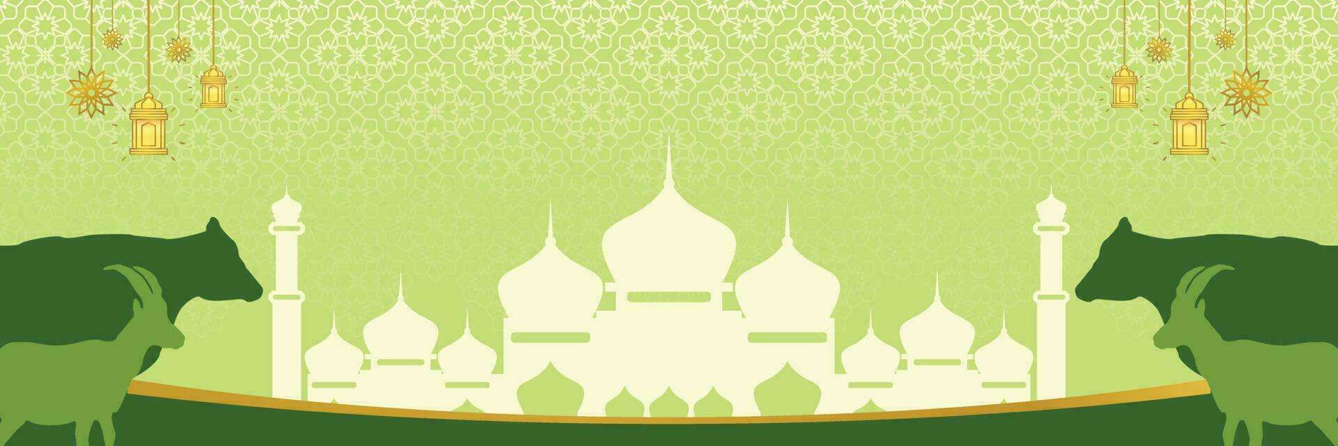 Islamic background for Eid al-Adha, with mosque, mandala, cow and goat icons. Banner template with empty space for text. qurban day vector illustration