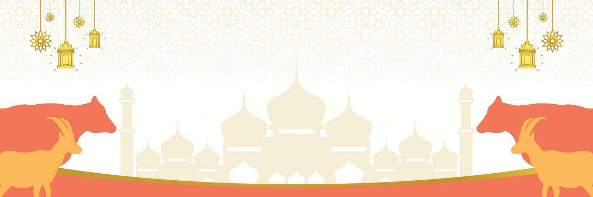 Islamic background for Eid al-Adha, with mosque, mandala, cow and goat icons. Banner template with empty space for text. qurban day vector illustration
