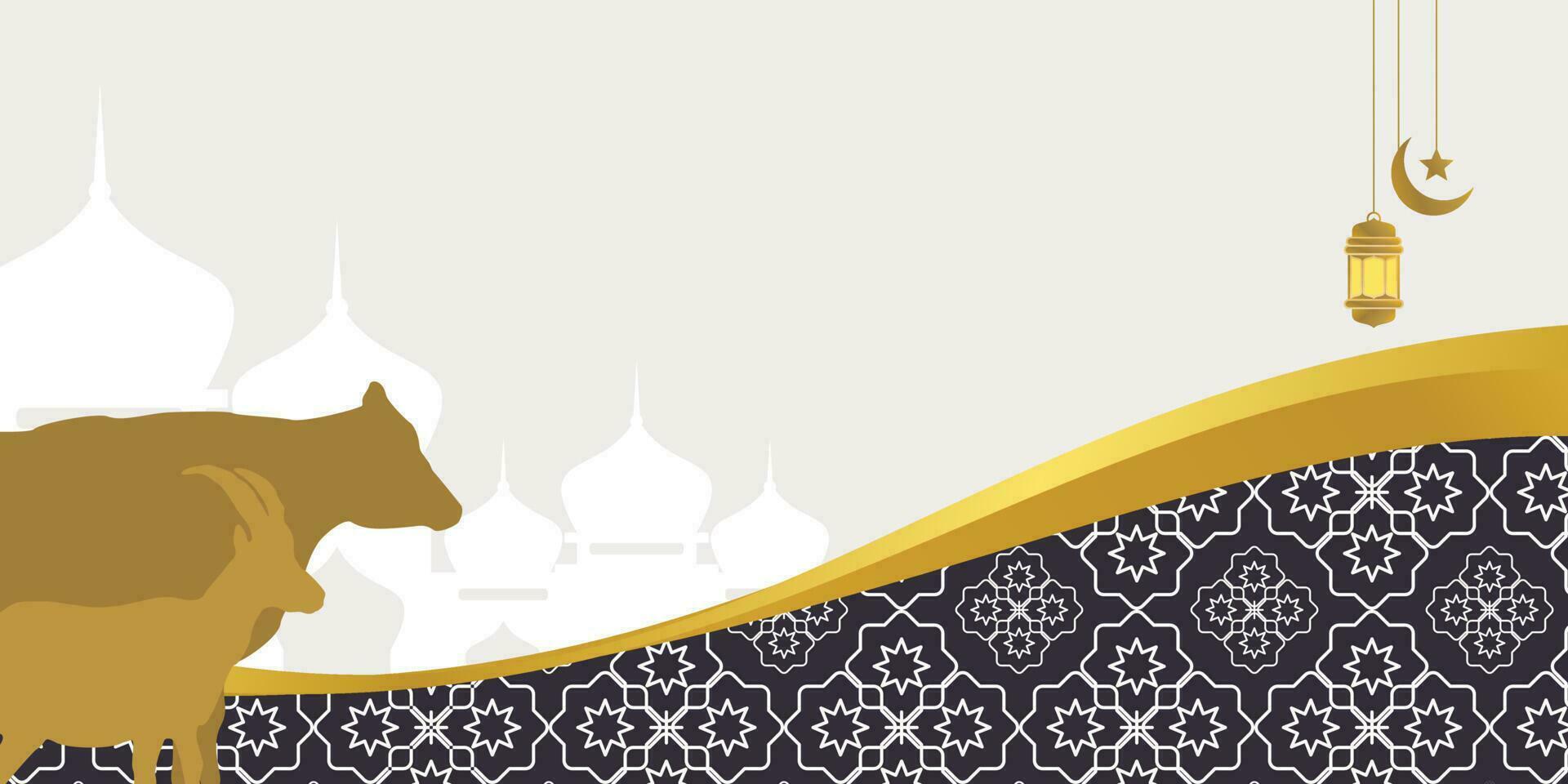 Islamic background for Eid al-Adha, with mosque, mandala, cow and goat icons. Banner template with empty space for text. qurban day vector illustration