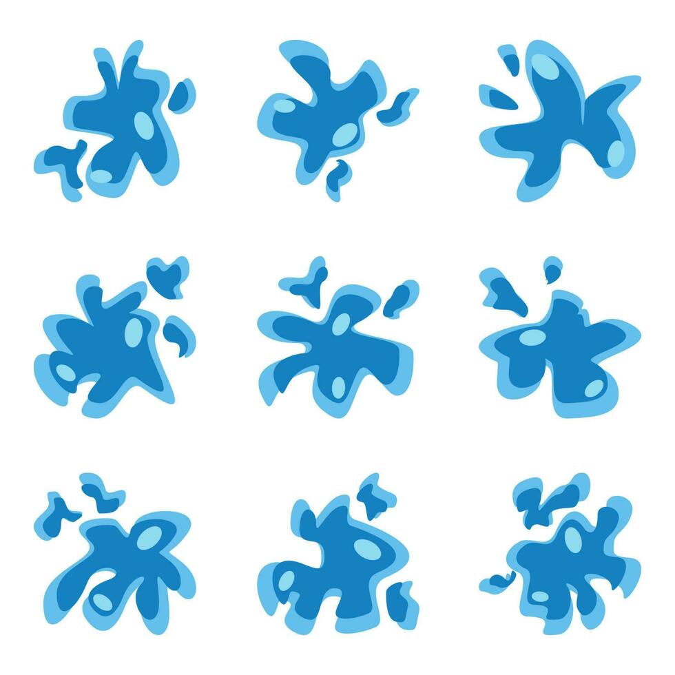 Water or paint splash icon set, flat design blue color white background. vector