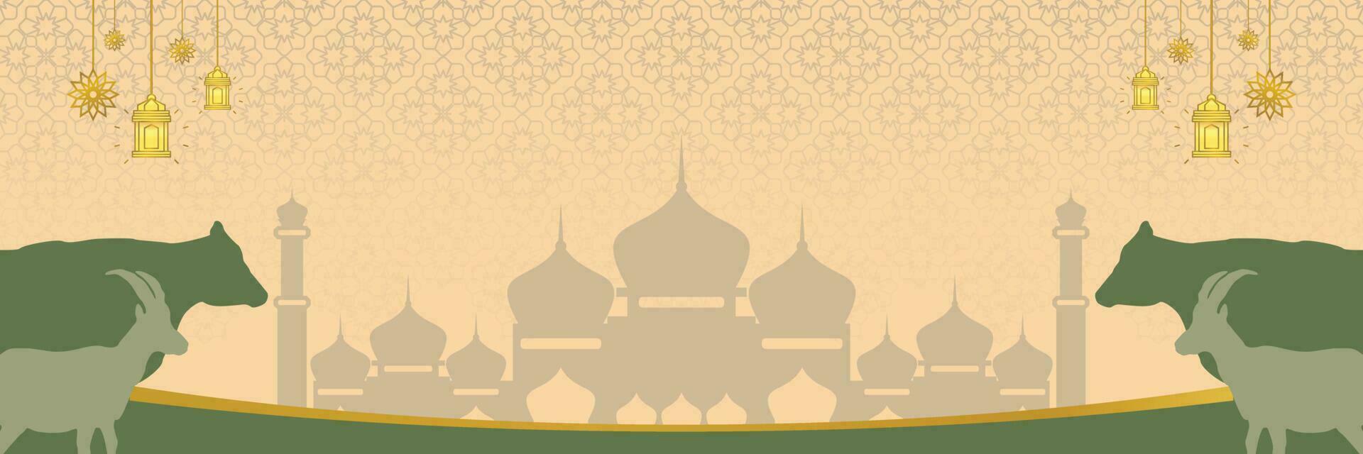 islámico antecedentes para eid al adha, con mezquita, mándala, vaca y cabra iconos bandera modelo con vacío espacio para texto. qurban día vector ilustración