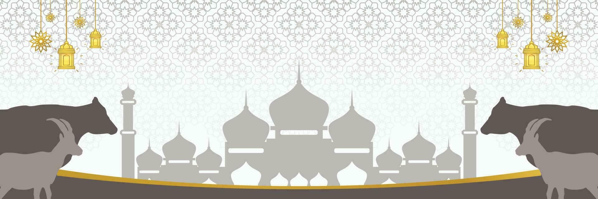 Islamic background for Eid al-Adha, with mosque, mandala, cow and goat icons. Banner template with empty space for text. qurban day vector illustration