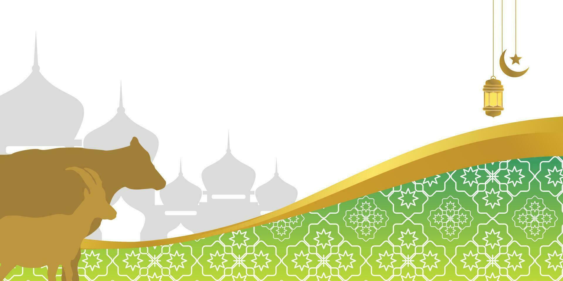 Islamic background for Eid al-Adha, with mosque, mandala, cow and goat icons. Banner template with empty space for text. qurban day vector illustration