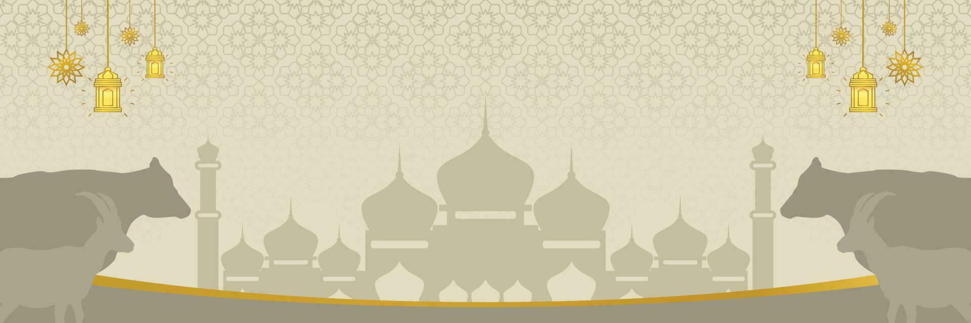 Islamic background for Eid al-Adha, with mosque, mandala, cow and goat icons. Banner template with empty space for text. qurban day vector illustration