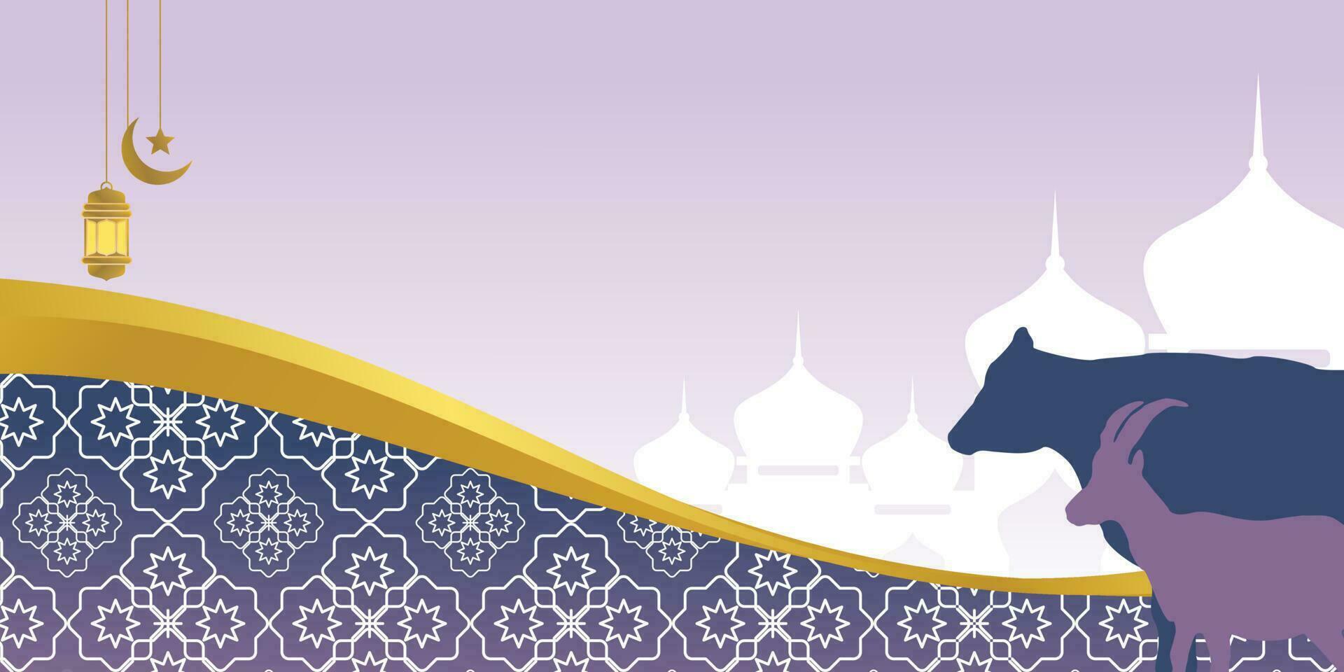 Islamic background for Eid al-Adha, with mosque, mandala, cow and goat icons. Banner template with empty space for text. qurban day vector illustration