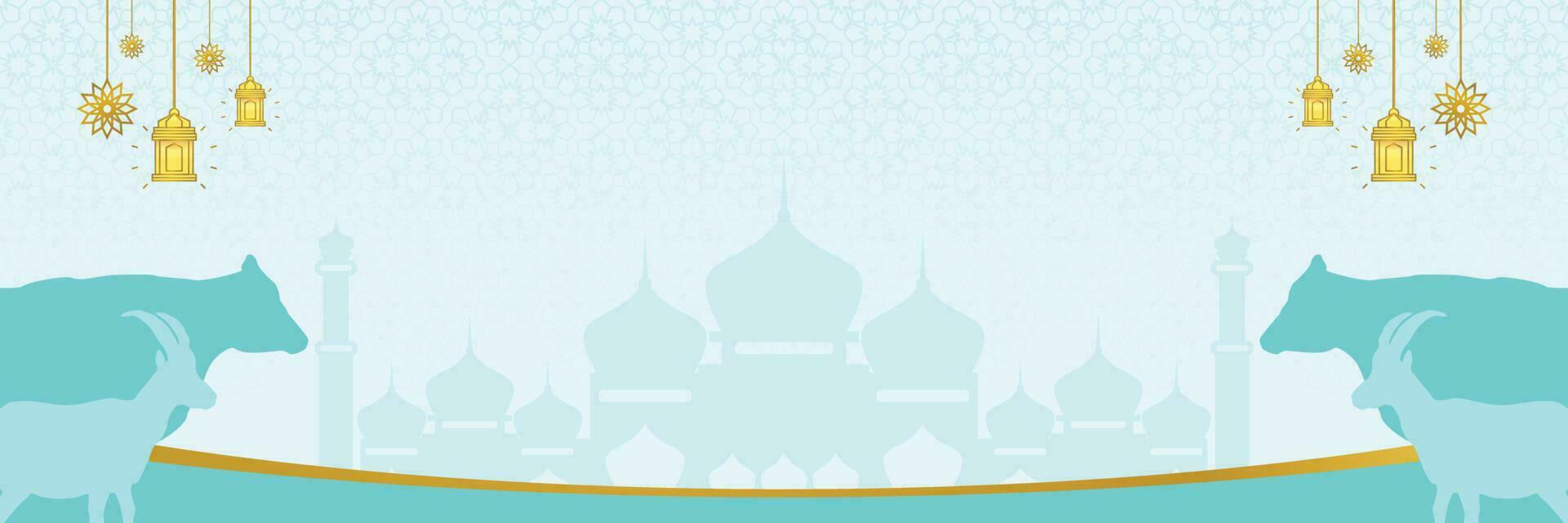 Islamic background for Eid al-Adha, with mosque, mandala, cow and goat icons. Banner template with empty space for text. qurban day vector illustration