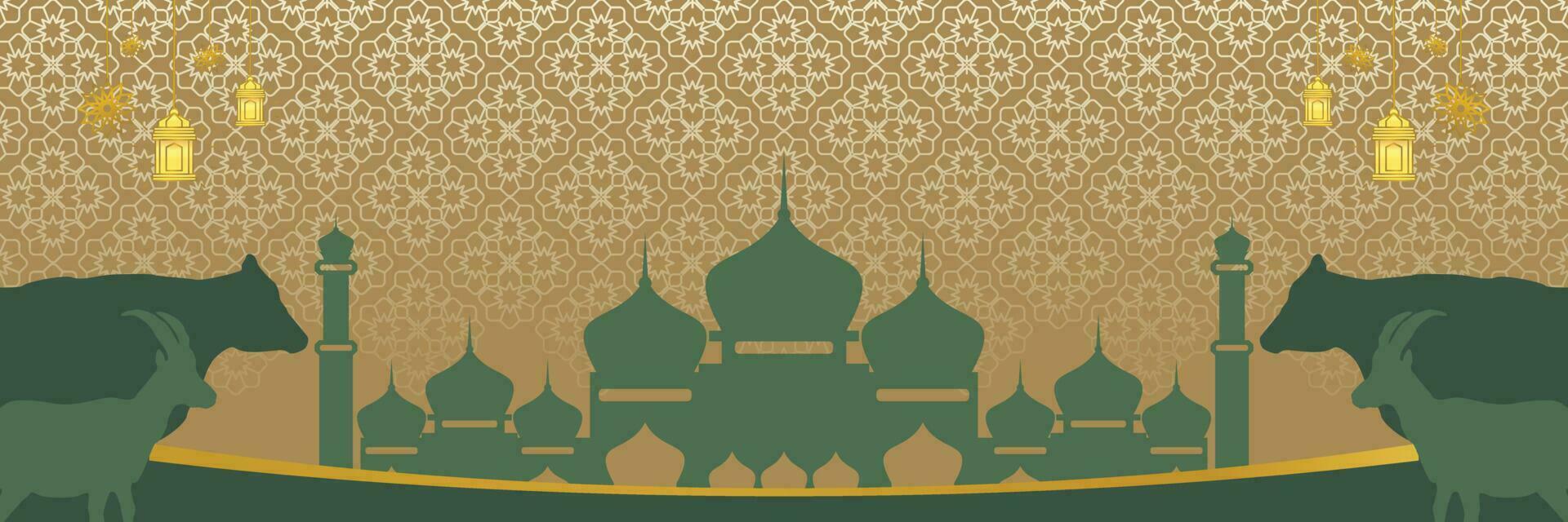 Islamic background for Eid al-Adha, with mosque, mandala, cow and goat icons. Banner template with empty space for text. qurban day vector illustration