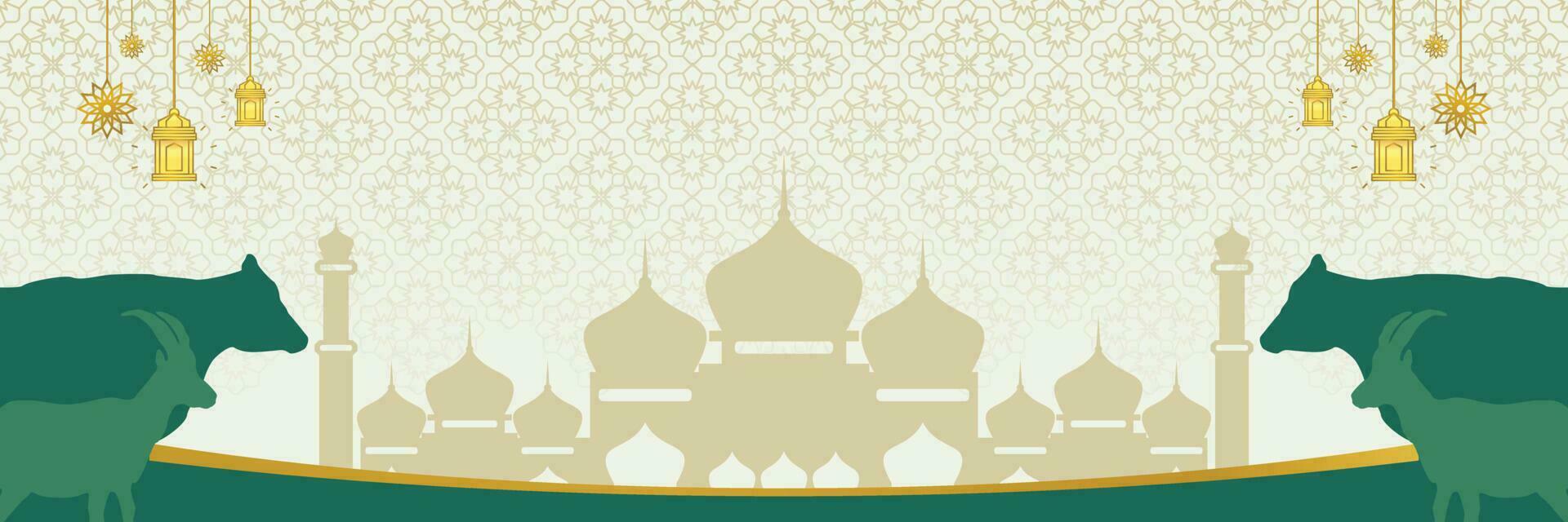 Islamic background for Eid al-Adha, with mosque, mandala, cow and goat icons. Banner template with empty space for text. qurban day vector illustration