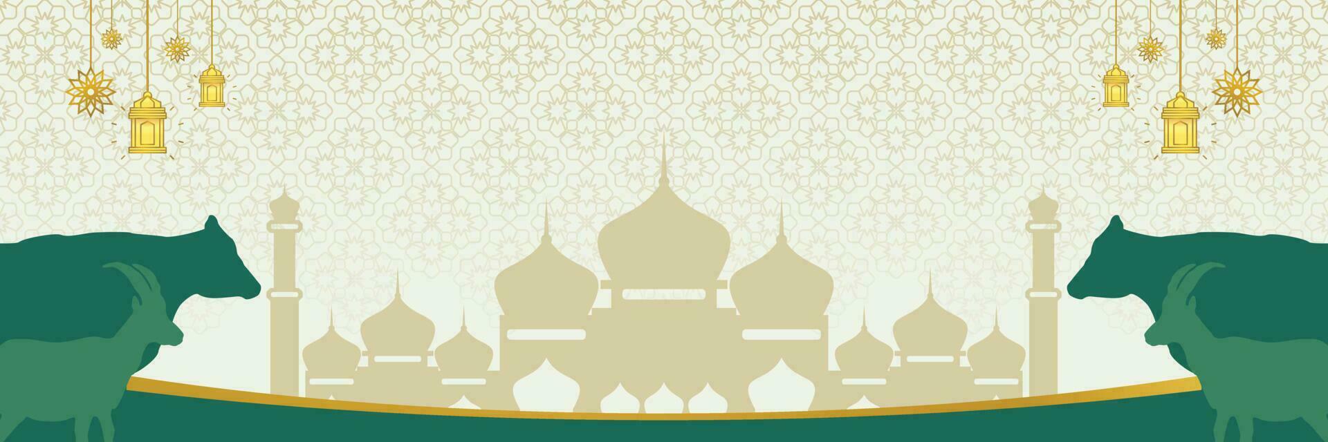 Islamic background for Eid al-Adha, with mosque, mandala, cow and goat icons. Banner template with empty space for text. qurban day vector illustration