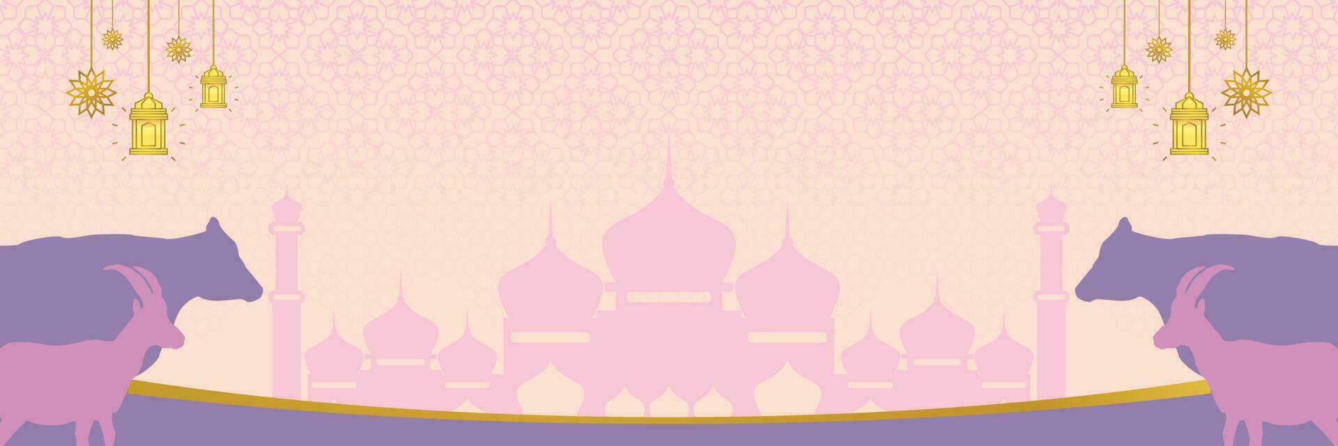 Islamic background for Eid al-Adha, with mosque, mandala, cow and goat icons. Banner template with empty space for text. qurban day vector illustration