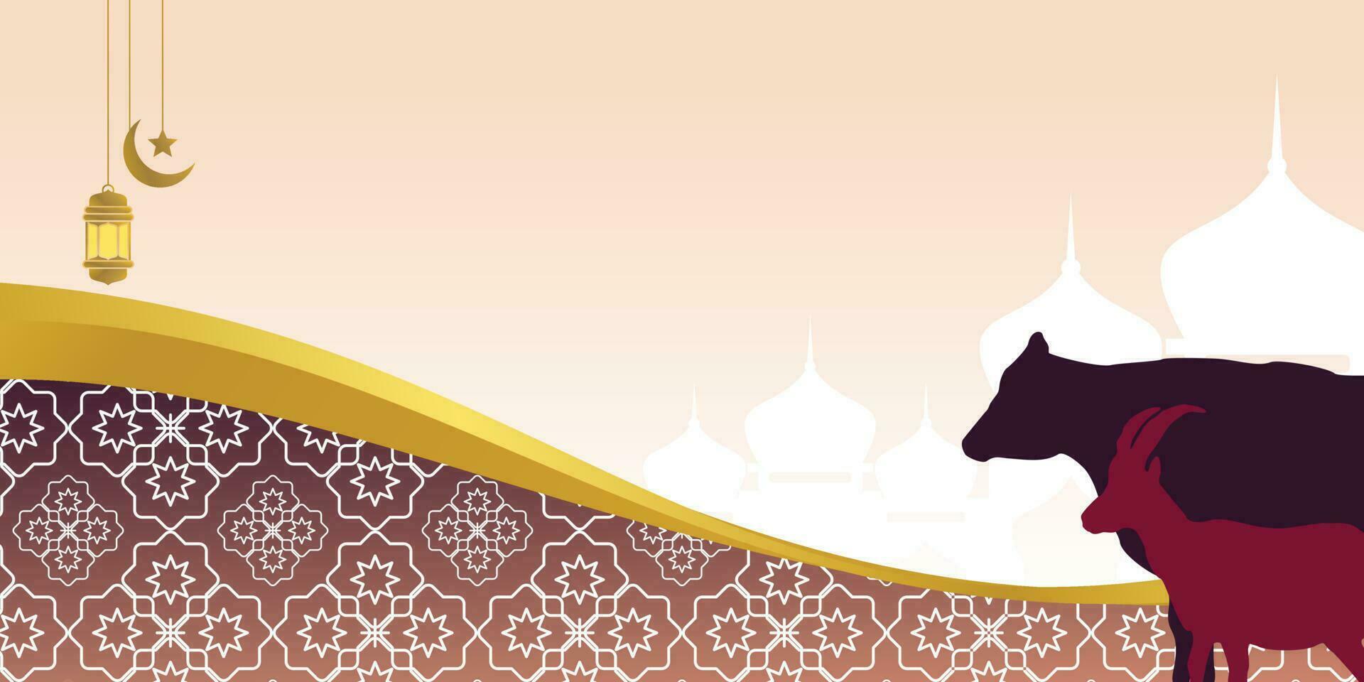 Islamic background for Eid al-Adha, with mosque, mandala, cow and goat icons. Banner template with empty space for text. qurban day vector illustration