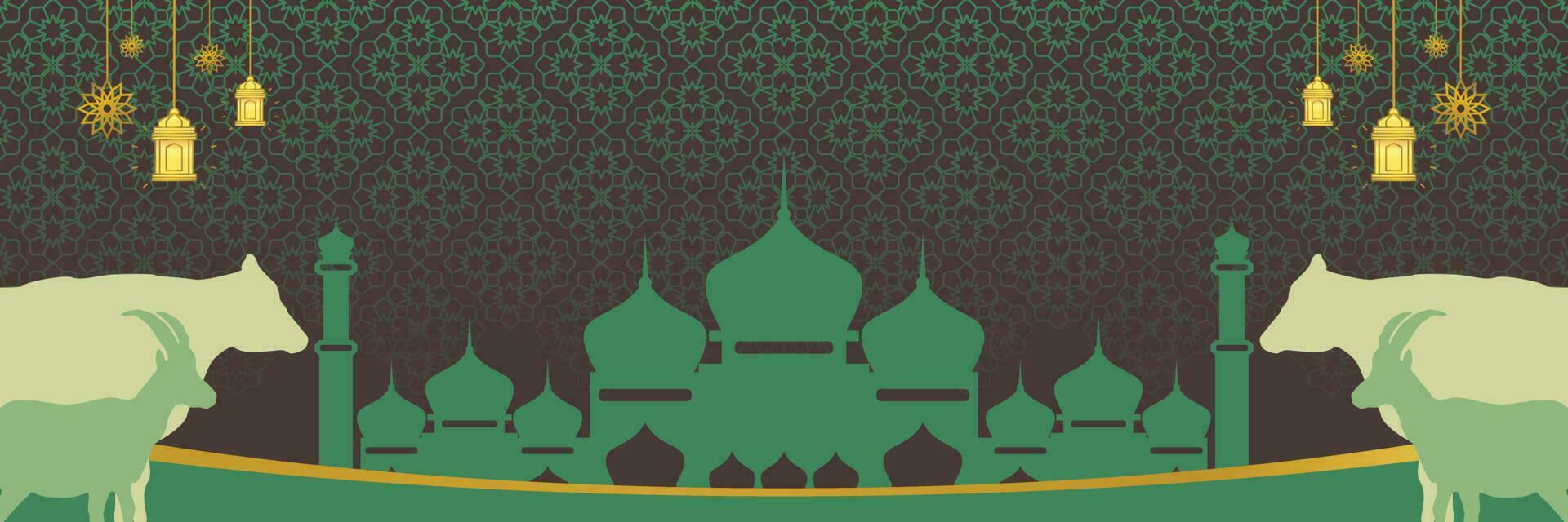 Islamic background for Eid al-Adha, with mosque, mandala, cow and goat icons. Banner template with empty space for text. qurban day vector illustration