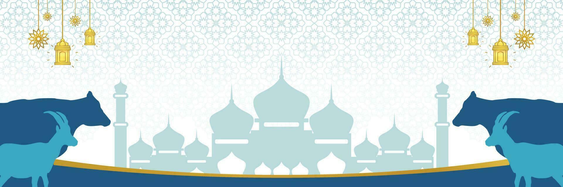 Islamic background for Eid al-Adha, with mosque, mandala, cow and goat icons. Banner template with empty space for text. qurban day vector illustration