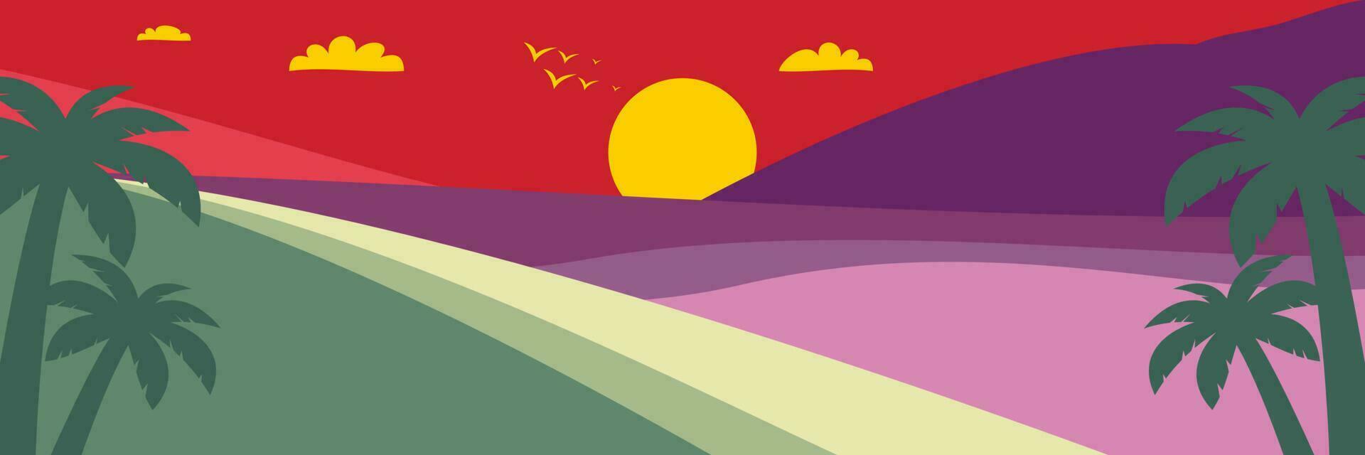 vistoso verano antecedentes con puesta de sol sombras y palma árbol iconos vector ilustración para promocional pancartas, saludo tarjetas, carteles, social medios de comunicación y web.