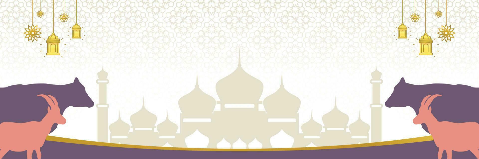 Islamic background for Eid al-Adha, with mosque, mandala, cow and goat icons. Banner template with empty space for text. qurban day vector illustration