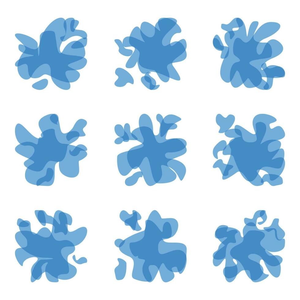 Water or paint splash icon set, flat design blue color white background. vector