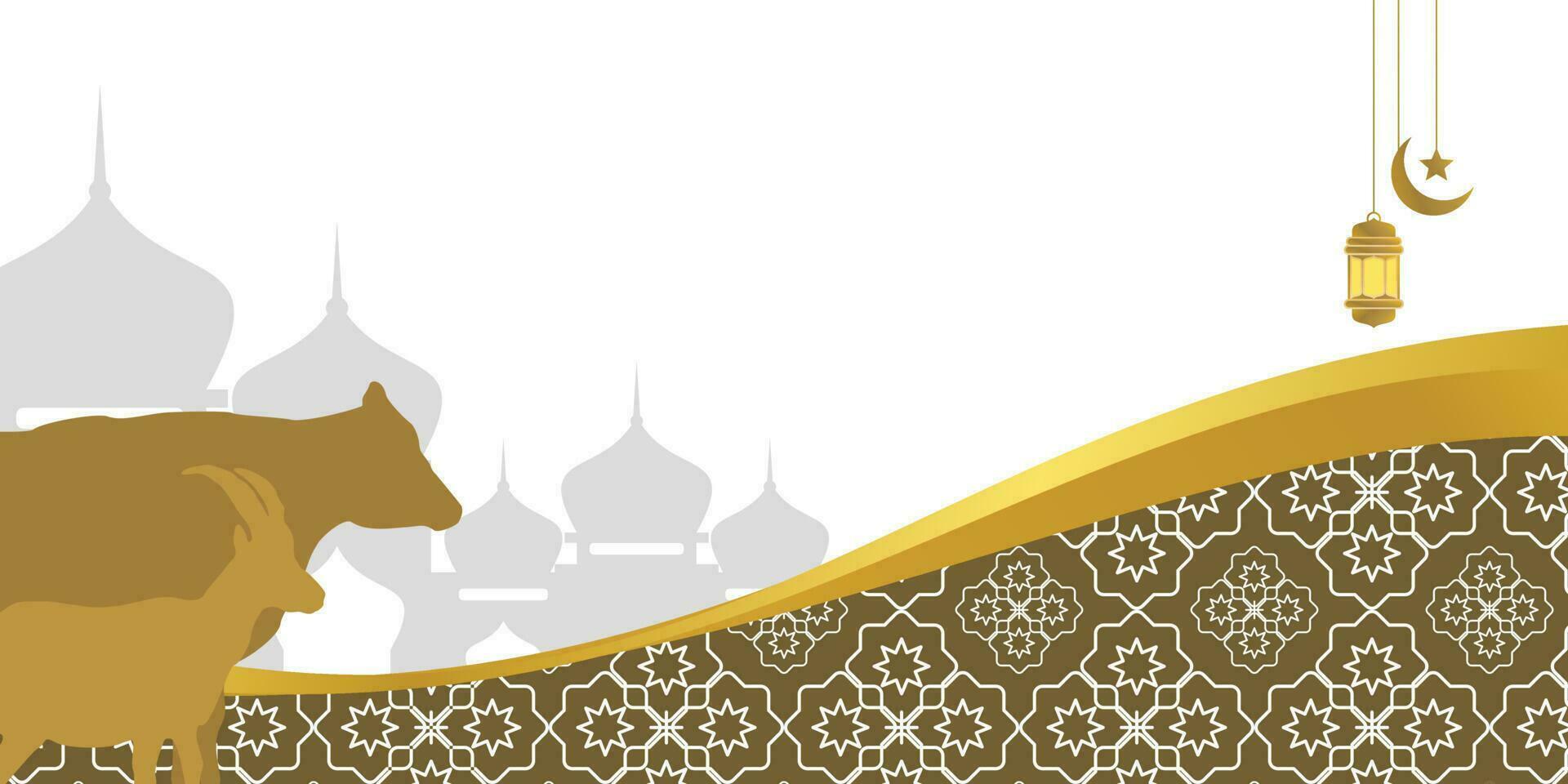 islámico antecedentes para eid al adha, con mezquita, mándala, vaca y cabra iconos bandera modelo con vacío espacio para texto. qurban día vector ilustración